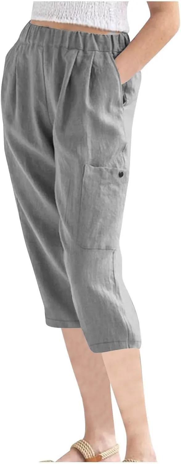 Linen Pants Women Casual 2025 Summer Elastic Waist Pull on Capri Pants Pull on Straight Leg Cropped Pants with Pockets