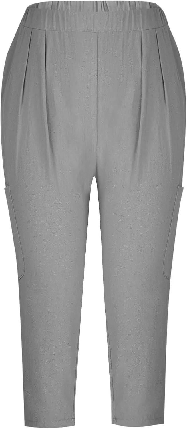 Linen Pants Women Casual 2025 Summer Elastic Waist Pull on Capri Pants Pull on Straight Leg Cropped Pants with Pockets