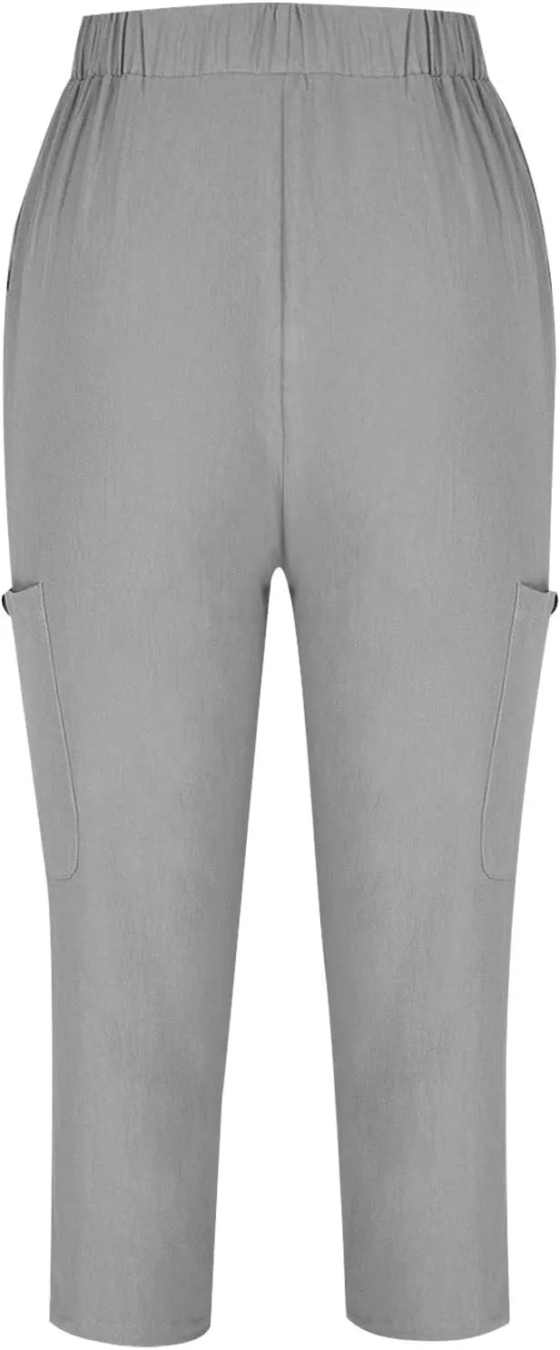 Linen Pants Women Casual 2025 Summer Elastic Waist Pull on Capri Pants Pull on Straight Leg Cropped Pants with Pockets