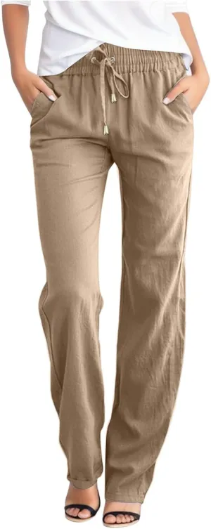 Linen Pants Women Casual Linen High Waist Pants Drawstring Loose Fit Summer Pants Trousers with Side Pockets
