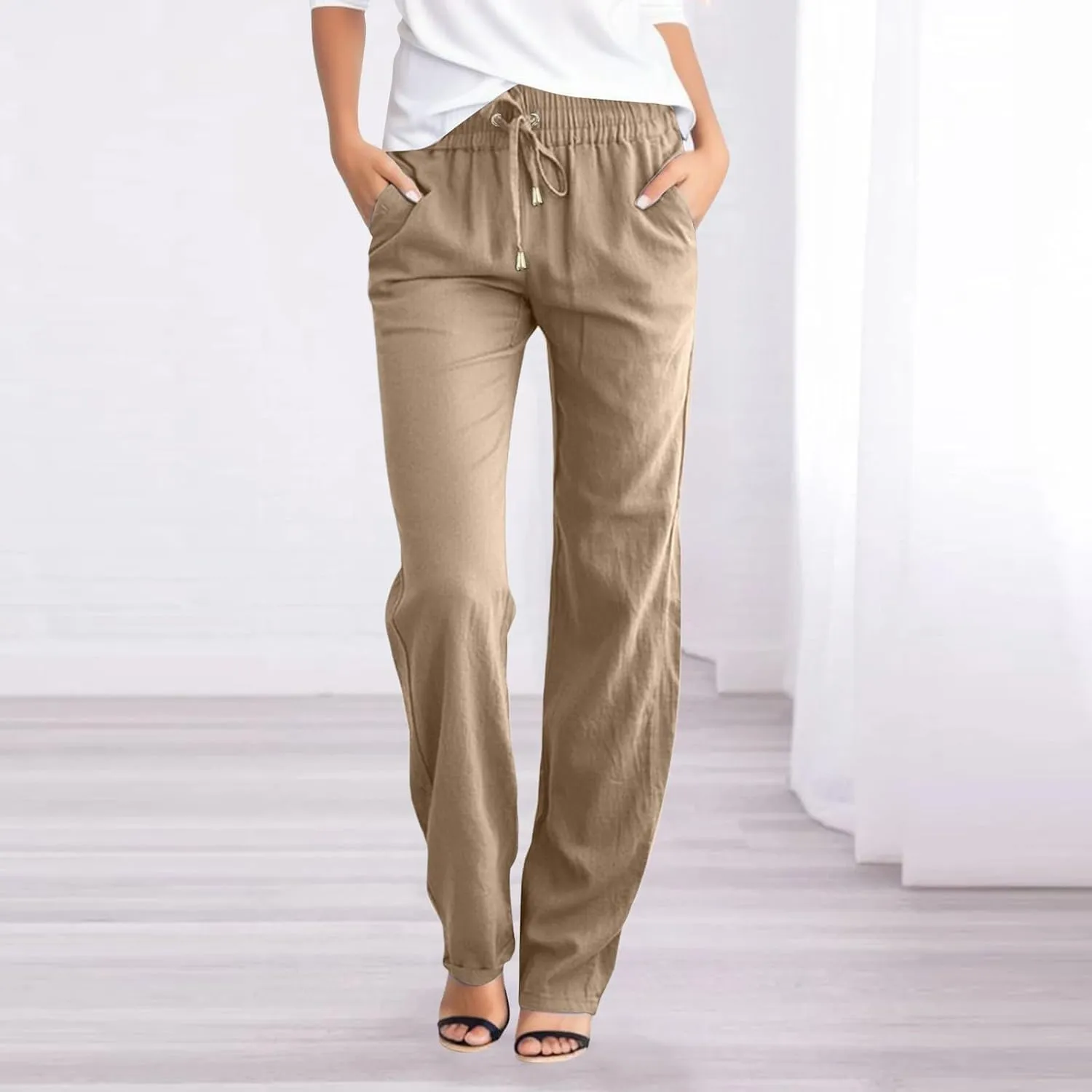 Linen Pants Women Casual Linen High Waist Pants Drawstring Loose Fit Summer Pants Trousers with Side Pockets