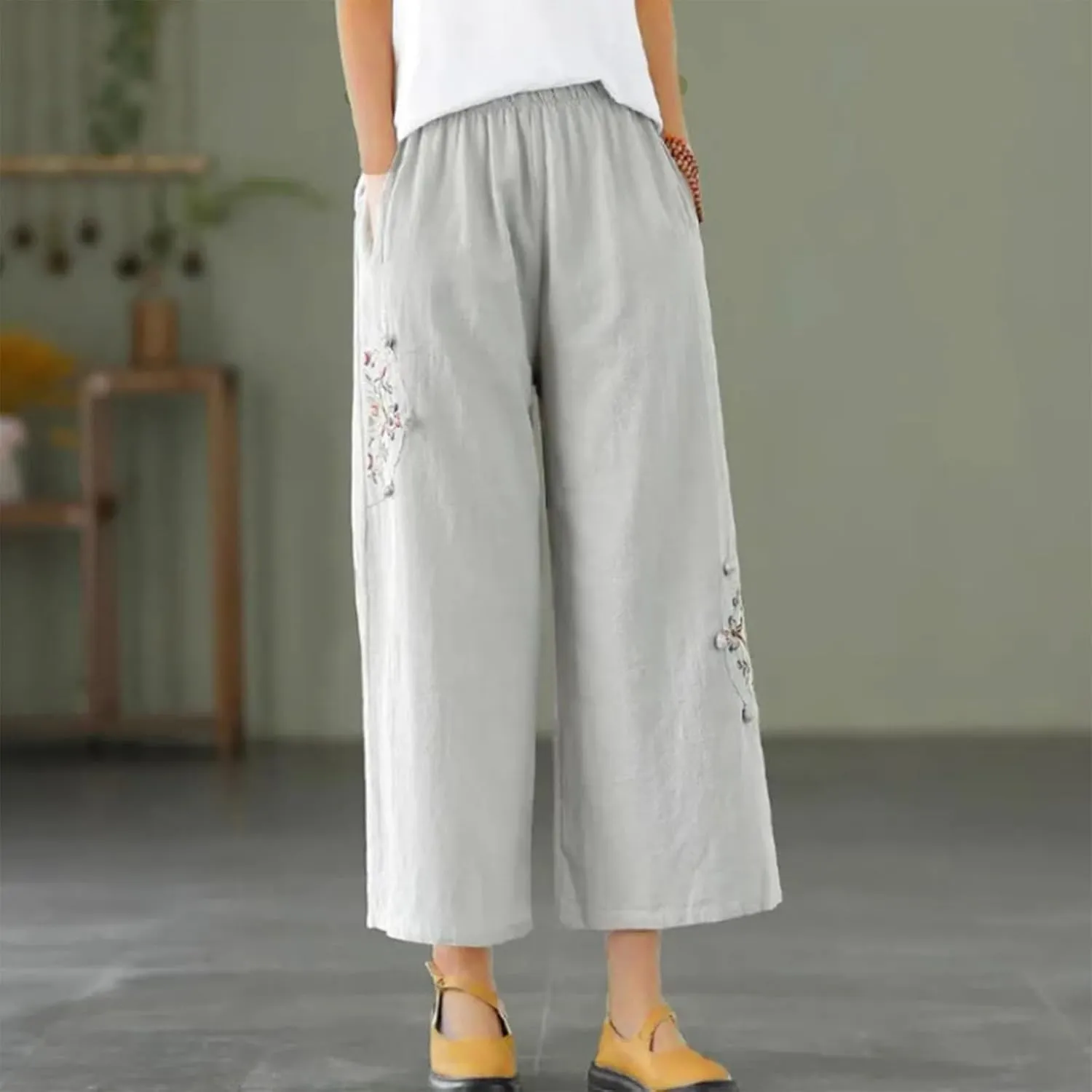 Linen Pants Women Dressy Embroiderd Wide Leg Cropped Trousers Summer High Waist Casual Palazzo Lounge Beach Wear