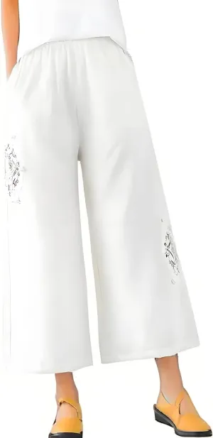 Linen Pants Women Dressy Embroiderd Wide Leg Cropped Trousers Summer High Waist Casual Palazzo Lounge Beach Wear