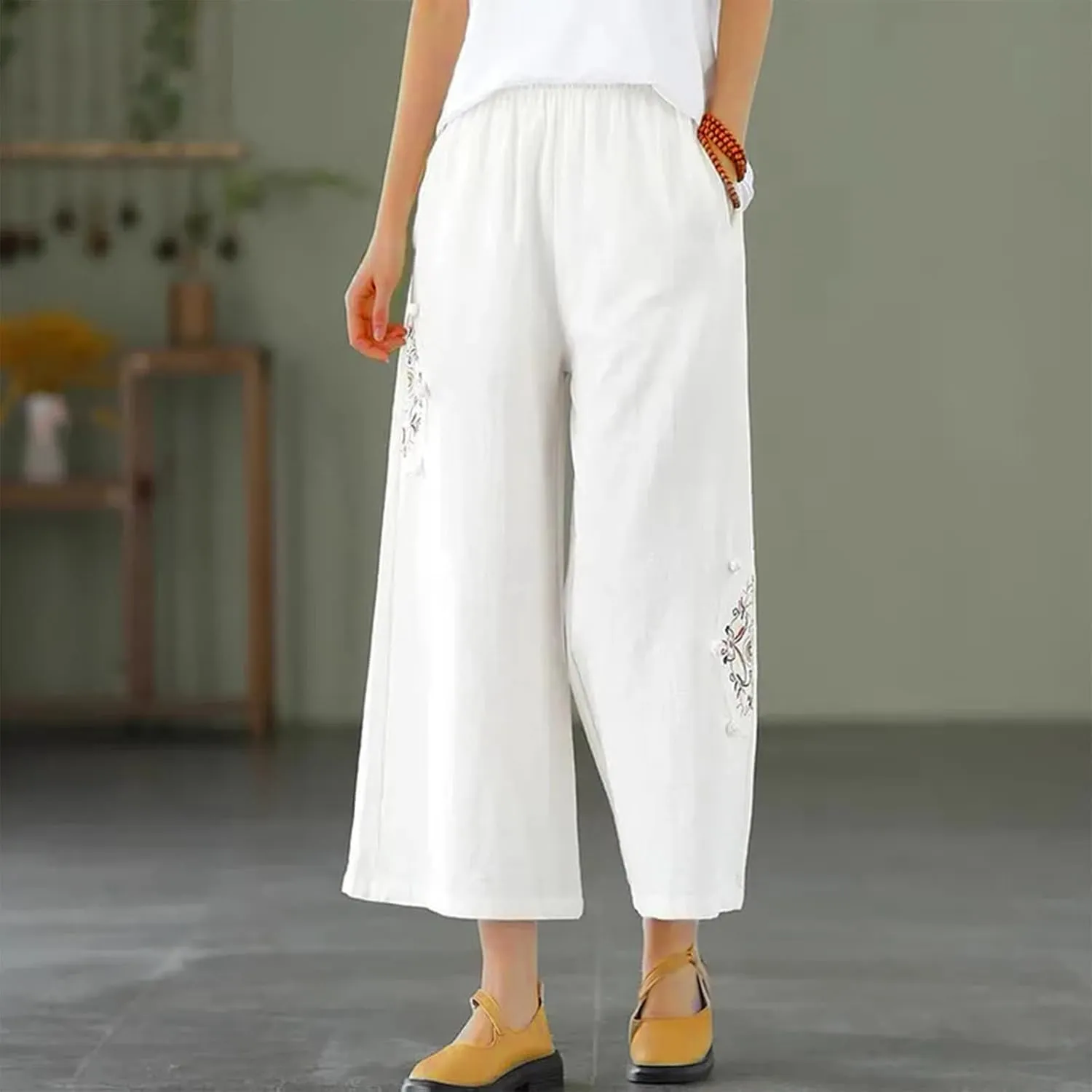 Linen Pants Women Dressy Embroiderd Wide Leg Cropped Trousers Summer High Waist Casual Palazzo Lounge Beach Wear