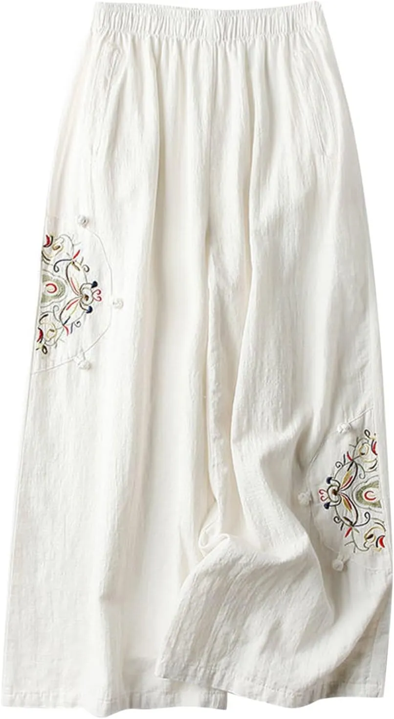 Linen Pants Women Dressy Embroiderd Wide Leg Cropped Trousers Summer High Waist Casual Palazzo Lounge Beach Wear