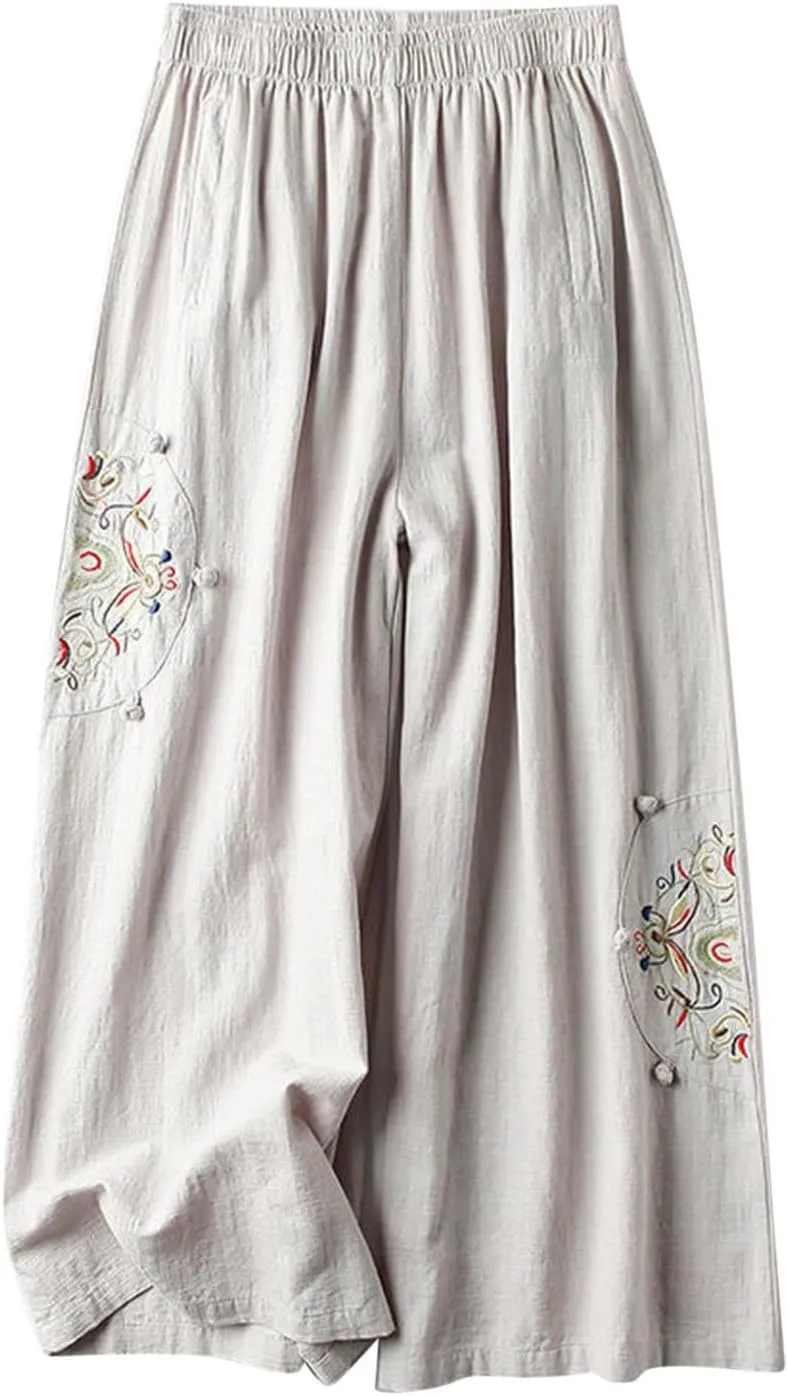 Linen Pants Women Dressy Embroiderd Wide Leg Cropped Trousers Summer High Waist Casual Palazzo Lounge Beach Wear