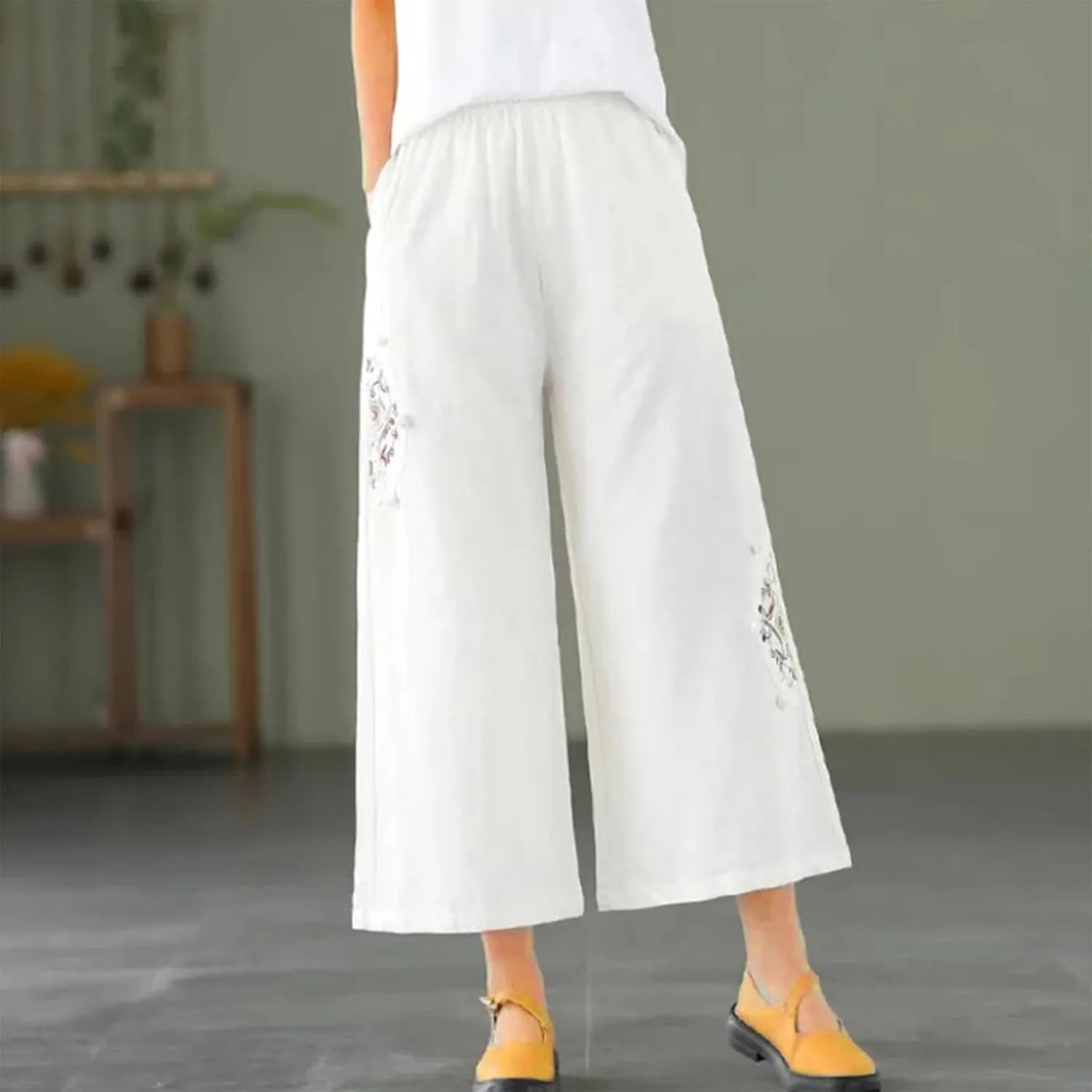 Linen Pants Women Dressy Embroiderd Wide Leg Cropped Trousers Summer High Waist Casual Palazzo Lounge Beach Wear