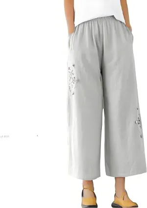 Linen Pants Women Dressy Embroiderd Wide Leg Cropped Trousers Summer High Waist Casual Palazzo Lounge Beach Wear