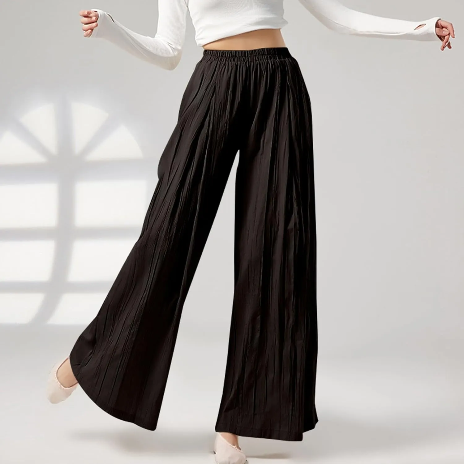 Linen Pants Women Elastic High Waisted Pull on Palazzo Pants with Pockets Casual Loose Fit Flowy Summer Beach Trouser