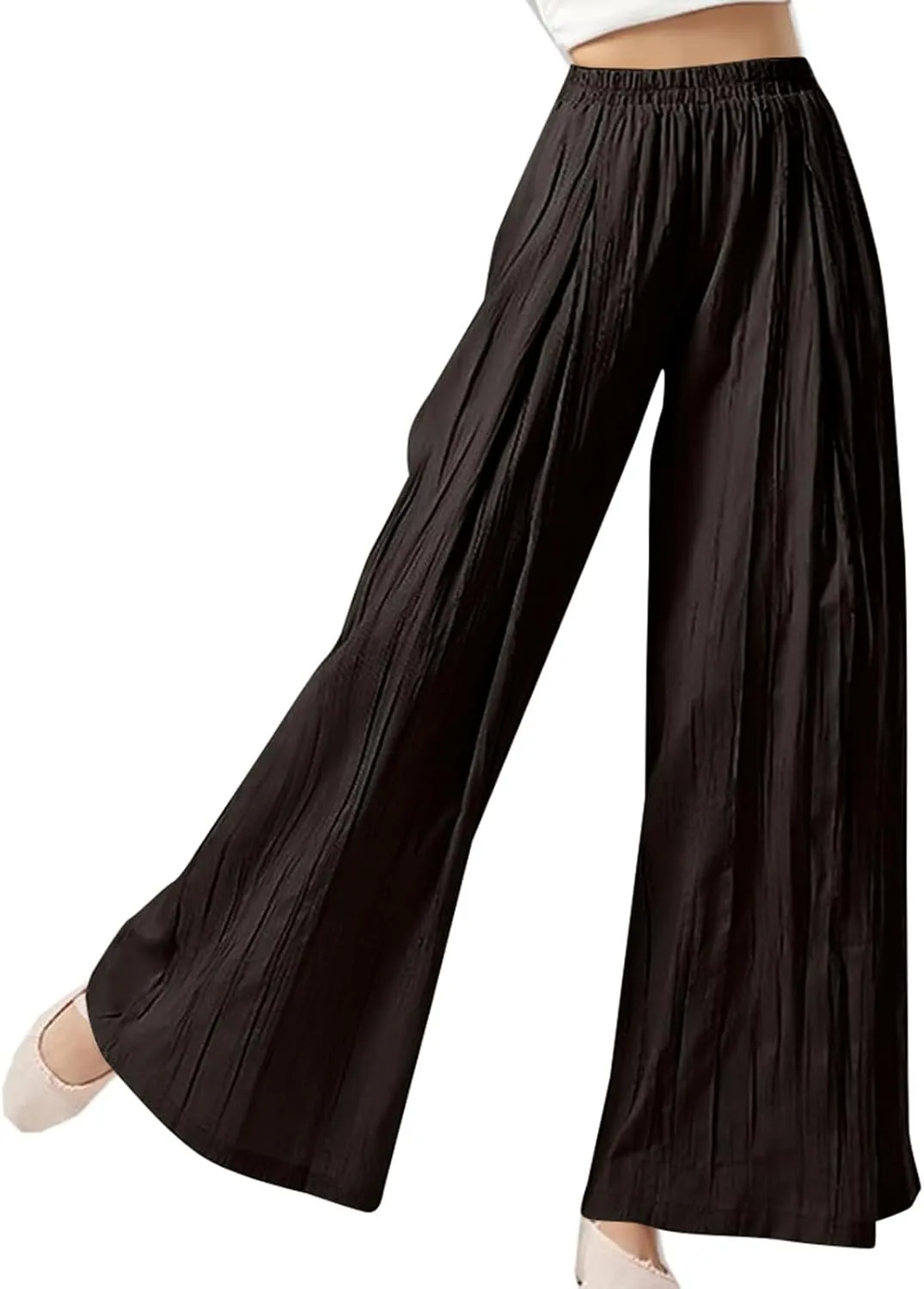 Linen Pants Women Elastic High Waisted Pull on Palazzo Pants with Pockets Casual Loose Fit Flowy Summer Beach Trouser