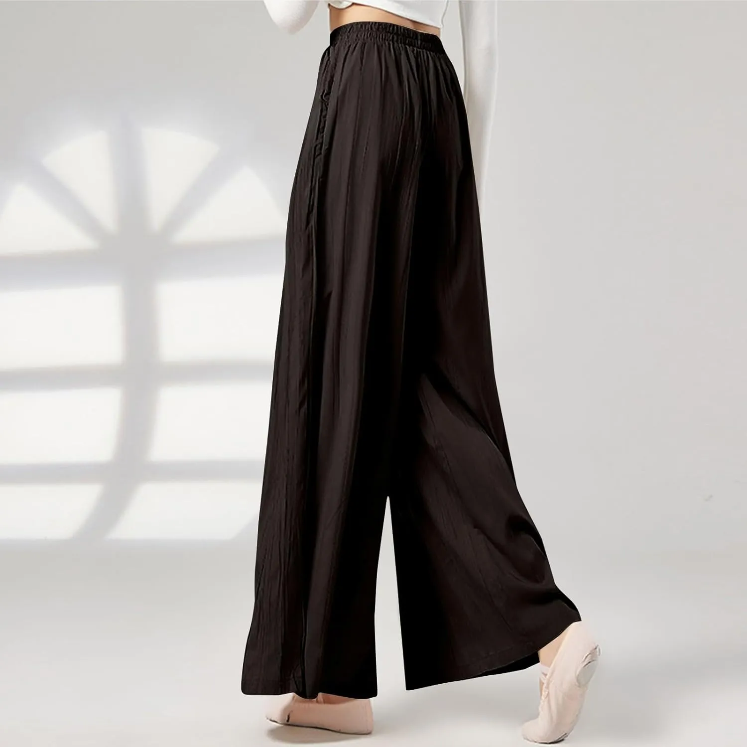 Linen Pants Women Elastic High Waisted Pull on Palazzo Pants with Pockets Casual Loose Fit Flowy Summer Beach Trouser