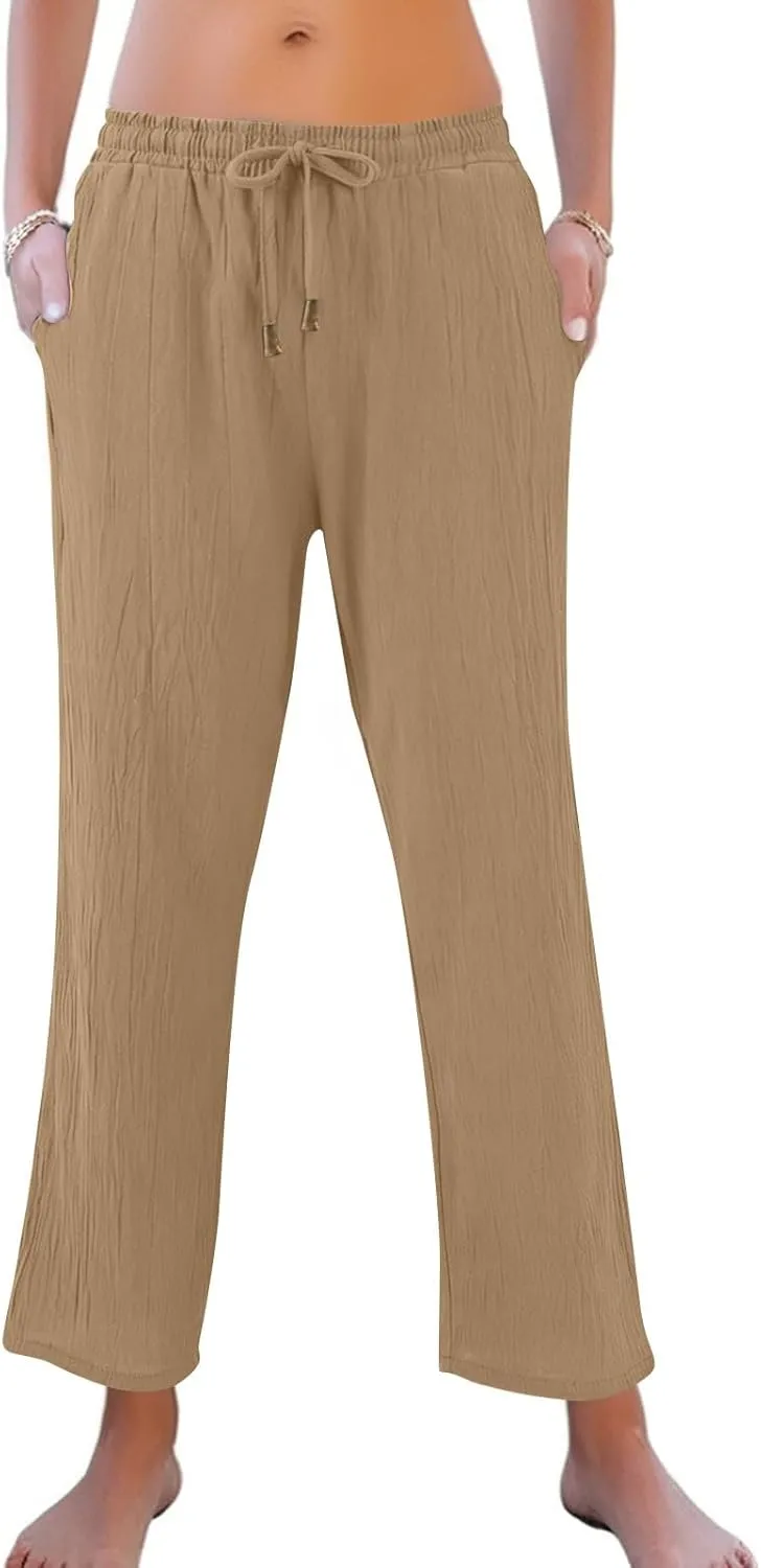 Linen Pants Women Wide Leg Loose High Waisted Summer Casual Palazzo Pants Trendy Flowy Straight Leg Beach Capri Pant