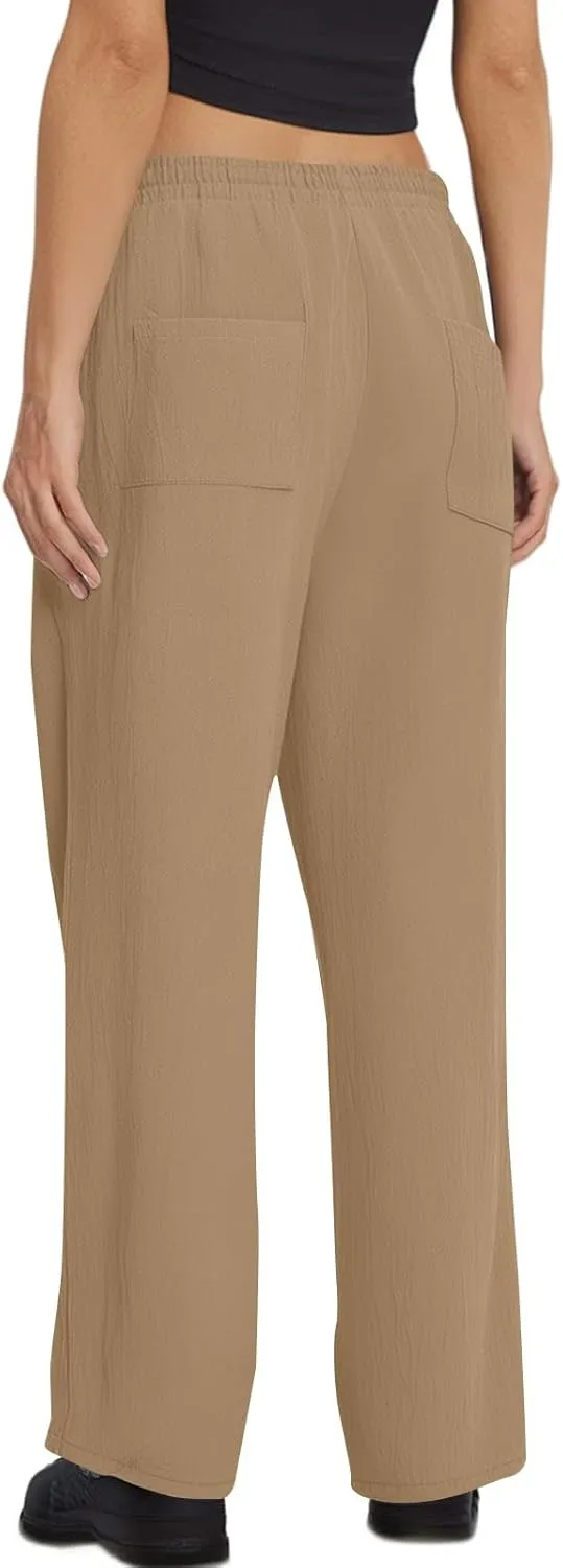 Linen Pants Women Wide Leg Loose High Waisted Summer Casual Palazzo Pants Trendy Flowy Straight Leg Beach Capri Pant