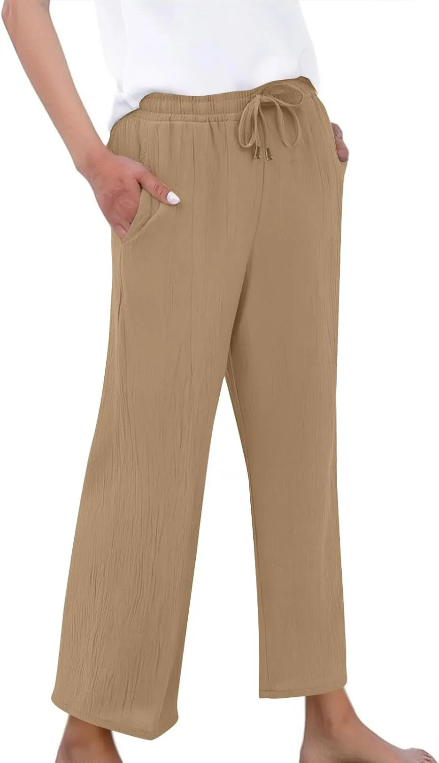 Linen Pants Women Wide Leg Loose High Waisted Summer Casual Palazzo Pants Trendy Flowy Straight Leg Beach Capri Pant