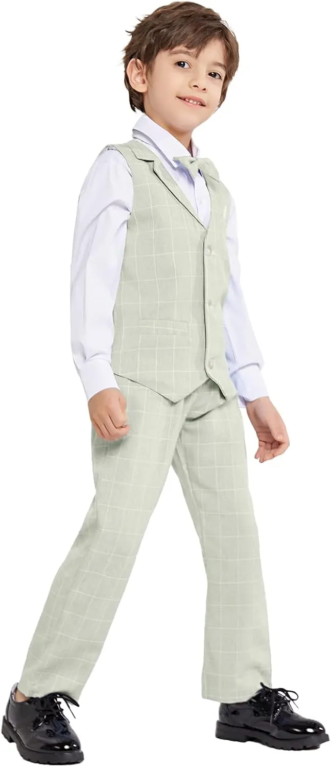 LOLANTA Boys Vest Suits 4PCs Wedding Ring Bearer Outfits Wasitcoat Shirt Pants Bow Tie 2-13 Years