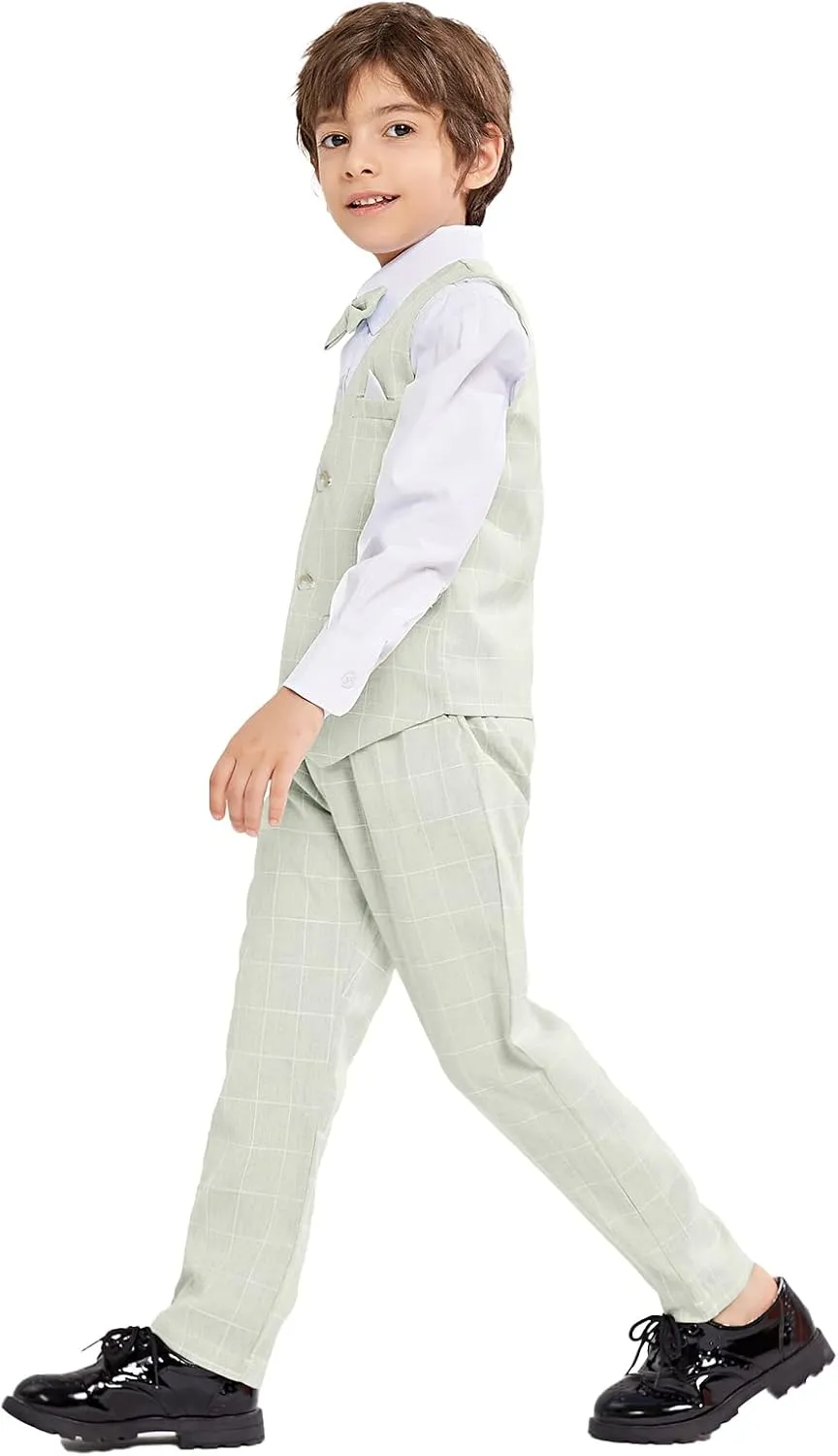 LOLANTA Boys Vest Suits 4PCs Wedding Ring Bearer Outfits Wasitcoat Shirt Pants Bow Tie 2-13 Years