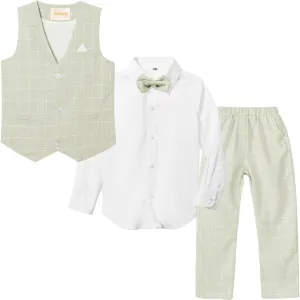LOLANTA Boys Vest Suits 4PCs Wedding Ring Bearer Outfits Wasitcoat Shirt Pants Bow Tie 2-13 Years