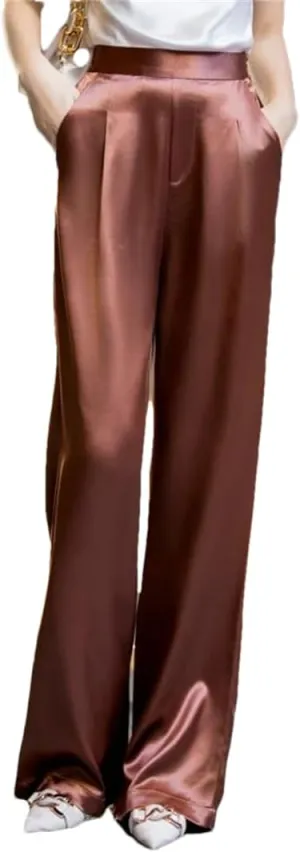 Loose High Waist Satin Pants for Women Long Pants Wide Leg Trousers
