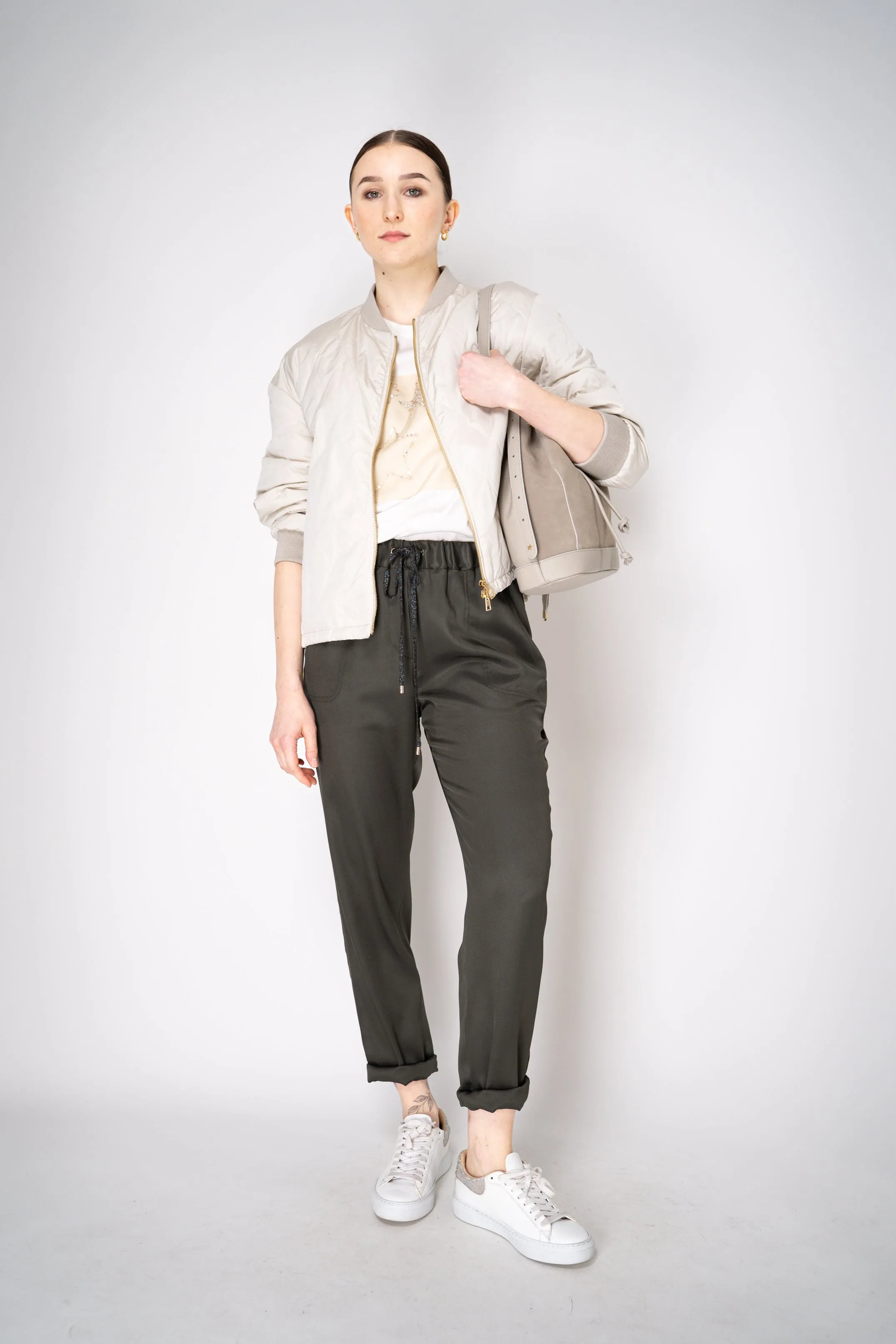 Lorena Antoniazzi Layered Quilted Bomber Jacket in Beige