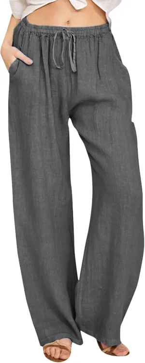 Lounge Linen Pants Women Baggy Casual Summer Solid Color Straight Leg Beach High Waist Linen Pants Comfy Lounge Trousers