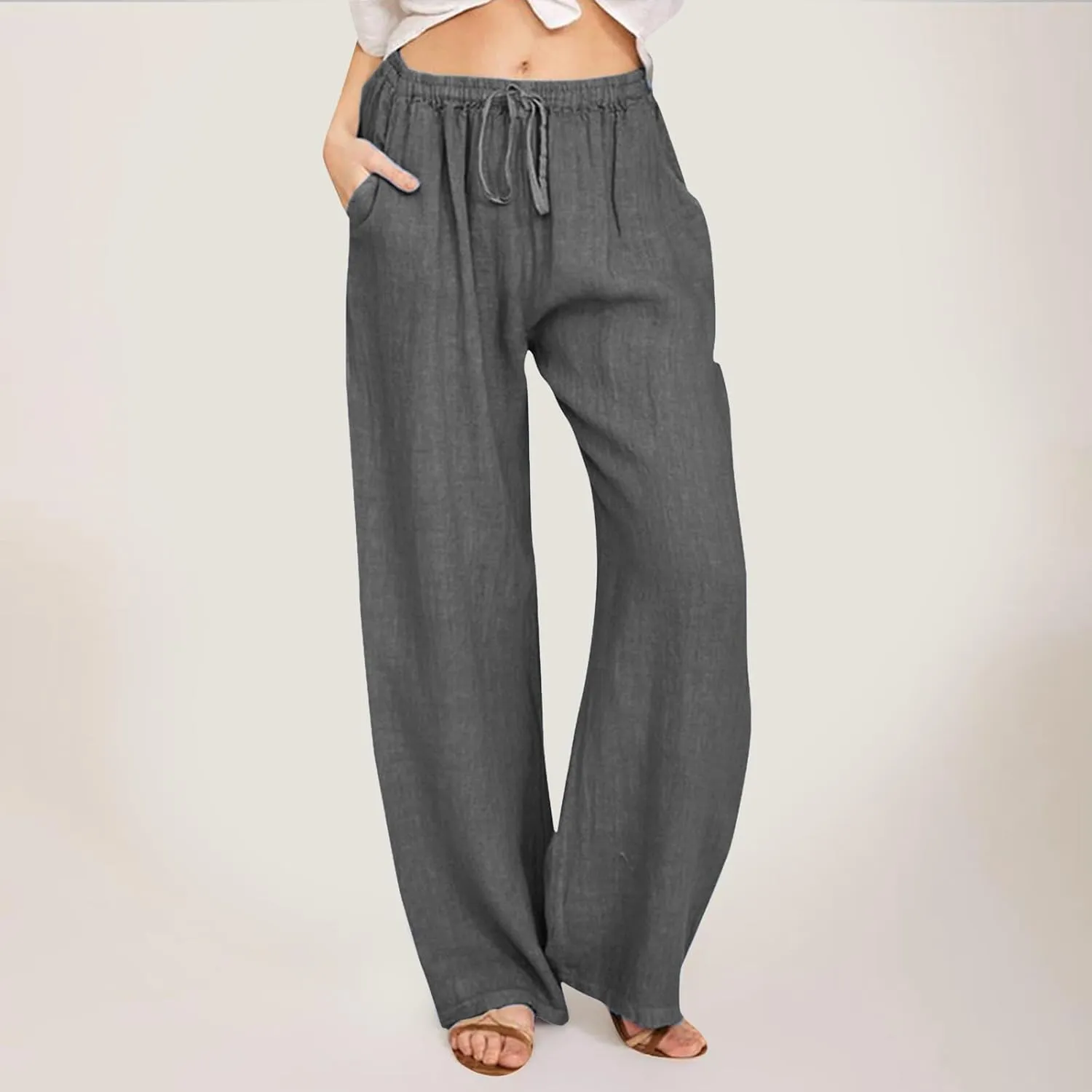 Lounge Linen Pants Women Baggy Casual Summer Solid Color Straight Leg Beach High Waist Linen Pants Comfy Lounge Trousers