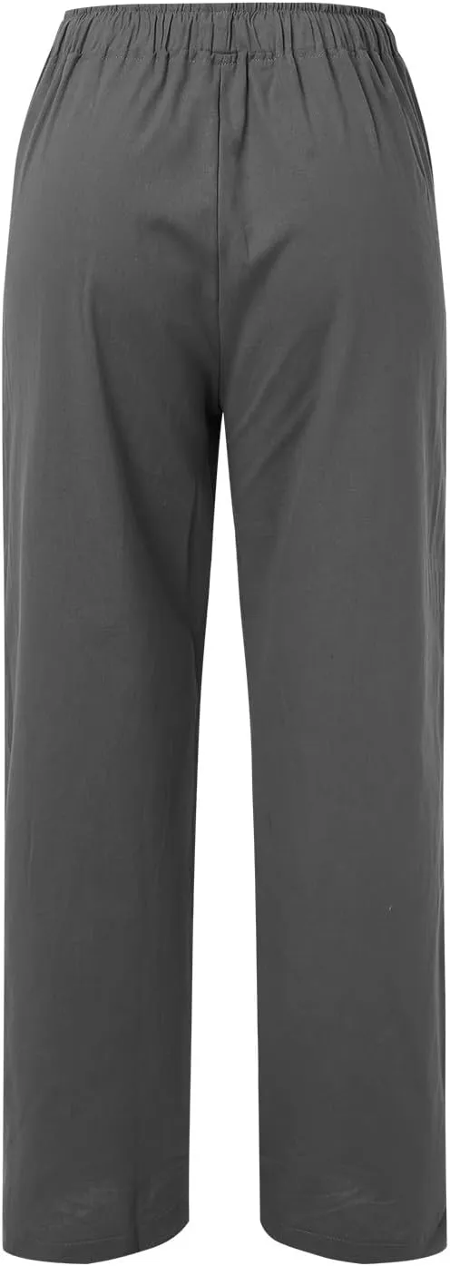 Lounge Linen Pants Women Baggy Casual Summer Solid Color Straight Leg Beach High Waist Linen Pants Comfy Lounge Trousers