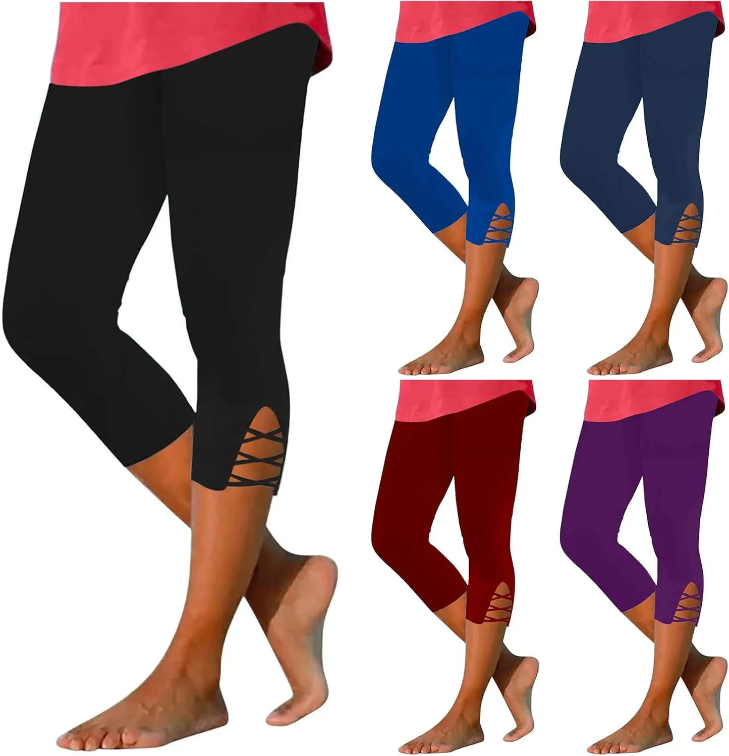 maisdgop Women's Capri Pants Tummy Control Knee Length Yoga Leggings Casual Sexy Solid Cutout High Waisted Cropped Pant