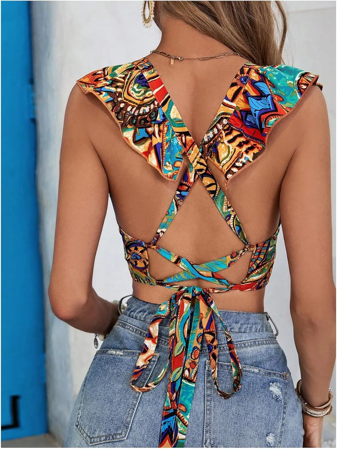MakeMeChic Women's Paisley Print Camisole Crop Tops Ruffle Sleeve Criss Cross Tie Back Tank Top