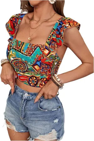 MakeMeChic Women's Paisley Print Camisole Crop Tops Ruffle Sleeve Criss Cross Tie Back Tank Top