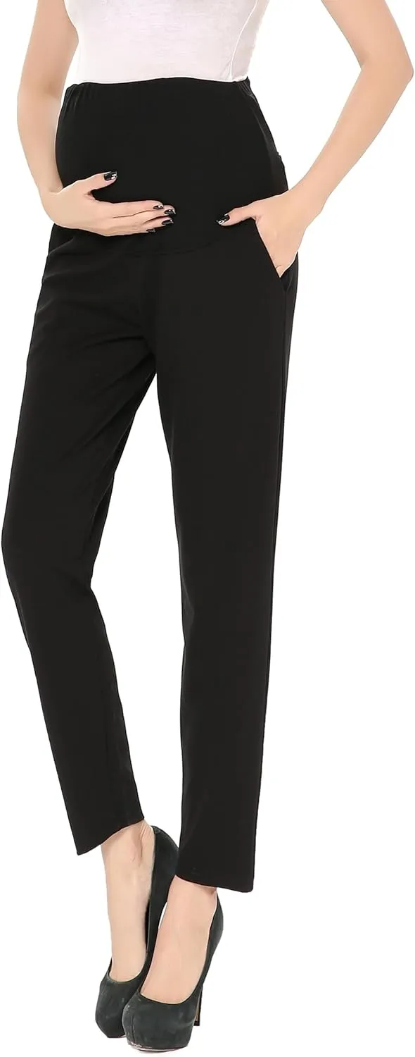 Maternity Pants Work Over The Belly with Pockets, Womens Pregnancy Dress Pants Office Clothes Trousers Stretch Summer