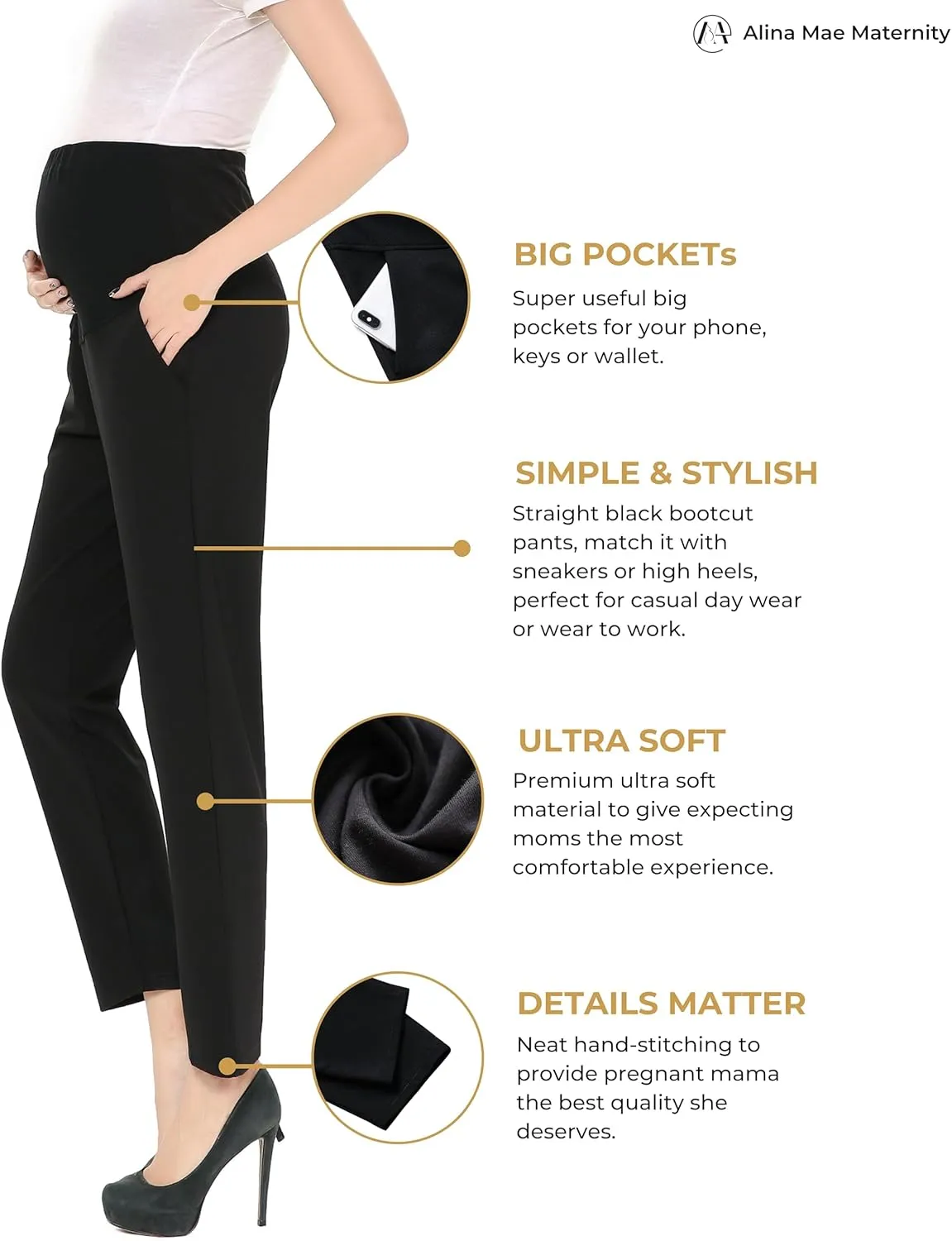 Maternity Pants Work Over The Belly with Pockets, Womens Pregnancy Dress Pants Office Clothes Trousers Stretch Summer
