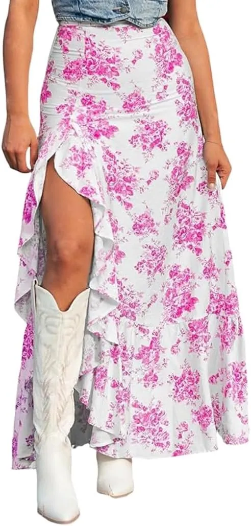 Melliflo Women's Boho Floral Skirt Summer Ruffle Side Slit Asymmetrical Maxi Skirt High Waisted Wrap Flowy Long Skirts 2025