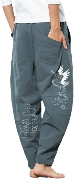 Men Chinese Style Harem Pants Casual Loose Trousers Crane Print Jogger Black Pants