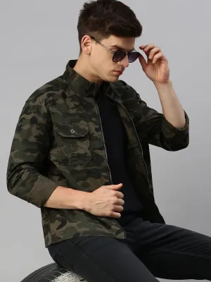 Men Green Printed Casual Jacket