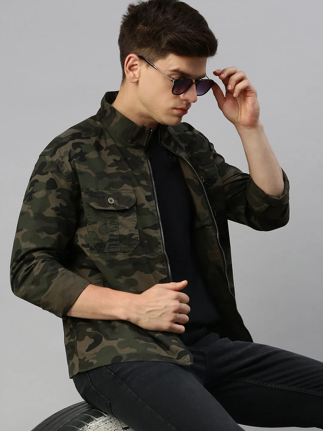 Men Green Printed Casual Jacket