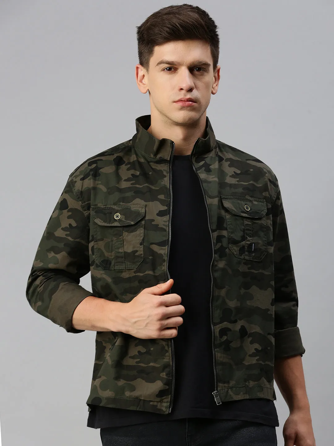 Men Green Printed Casual Jacket