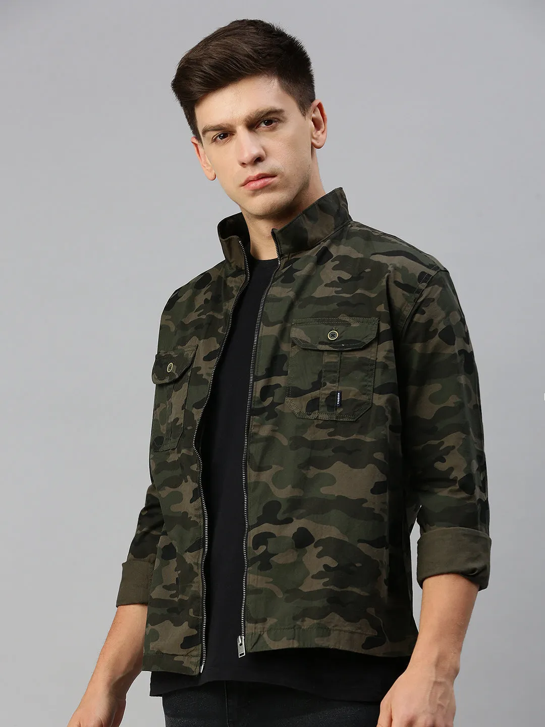 Men Green Printed Casual Jacket