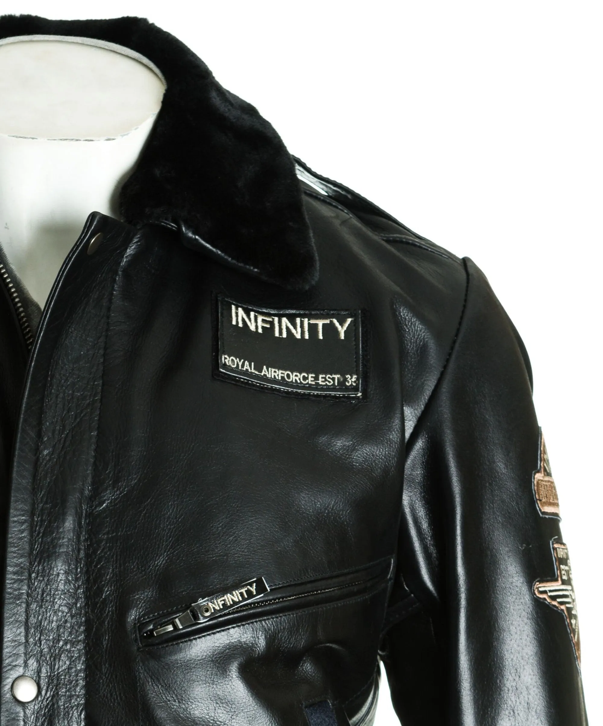 Men's Black Aviator Pilot Flight A2 Style Leather Jacket With Patch Detail And Detachable Faux Fur Collar: Giuseppe