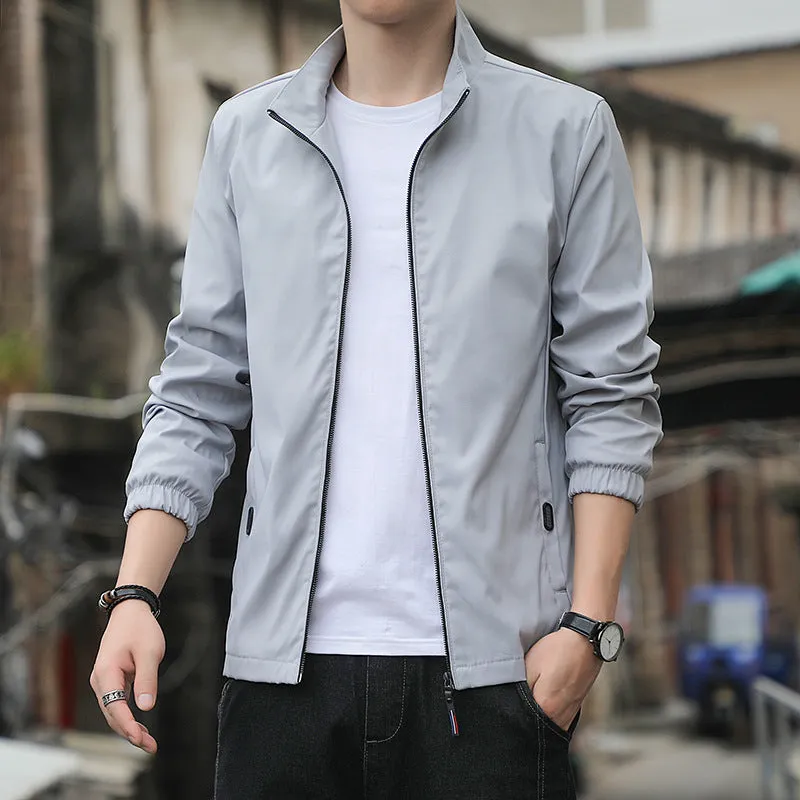 Mens Casual Jacket  Slim Fit  Stand Collar  Zip Front  Lightweight Wind Resistant