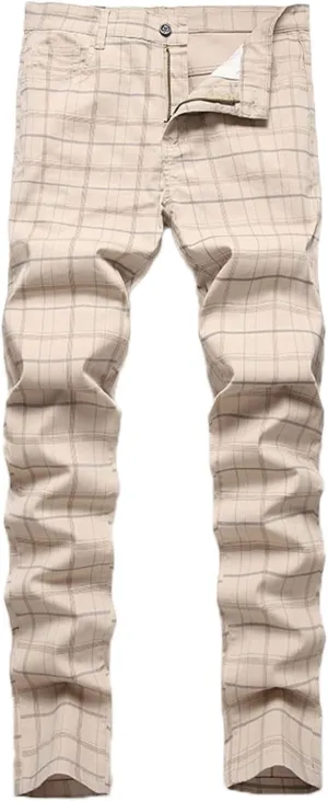 Mens Casual Plaid Chino Pants Fashion Lightweight Flat-Front Stretch Skinny Slim Fit Business Dress Pants