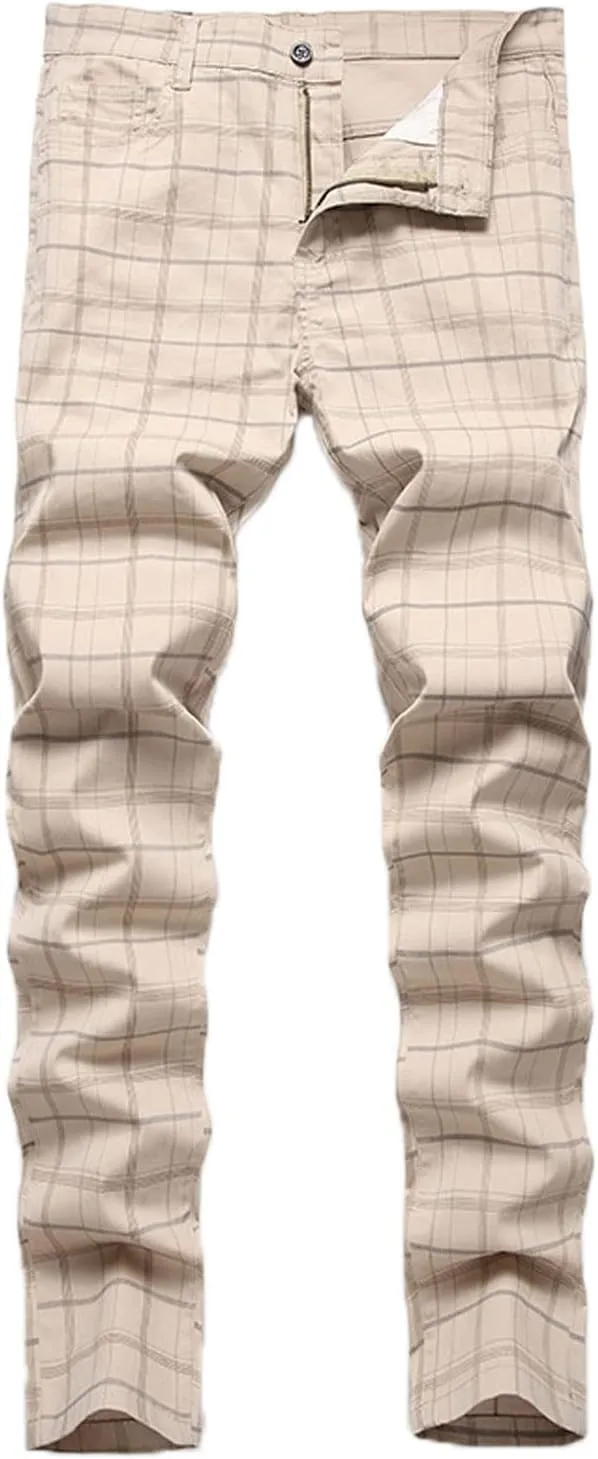 Mens Casual Plaid Chino Pants Fashion Lightweight Flat-Front Stretch Skinny Slim Fit Business Dress Pants