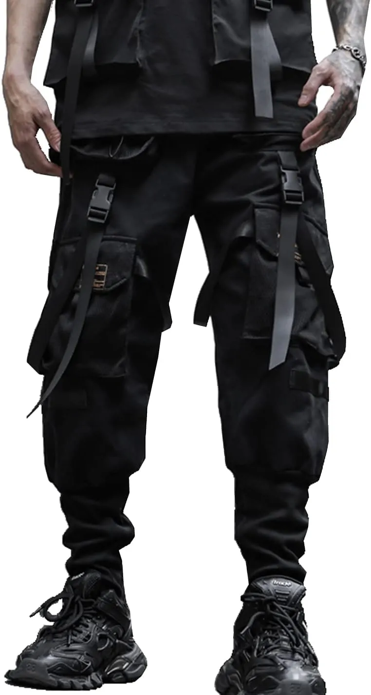 Men's Jogger Pants Punk Cargo Baggy Techwear Hip Hop Harem Pants Streetwear Tactical Track Pants Black White