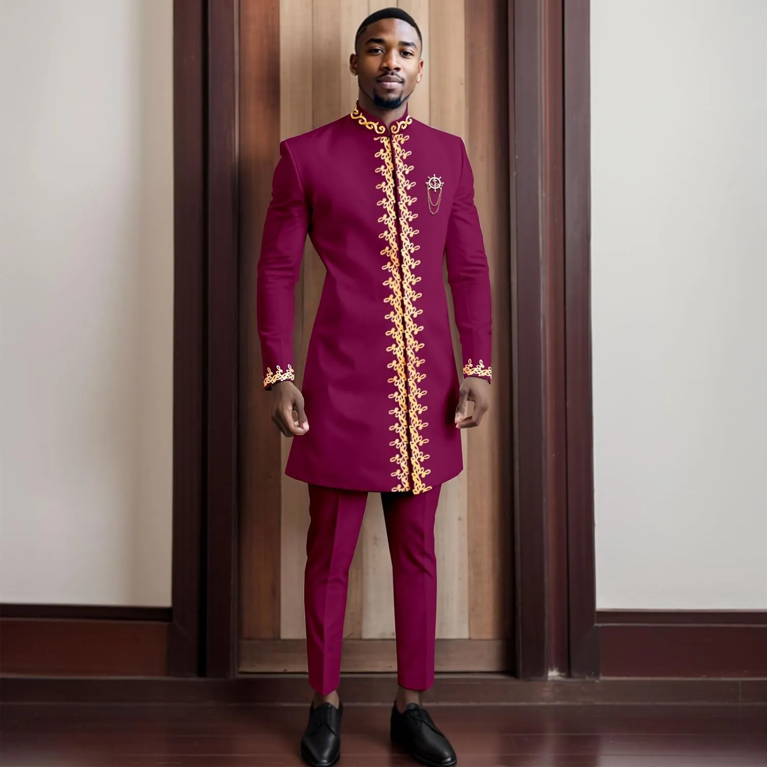 Men`s Suit Gold Embroidery Blazer and Pants Set Dashiki Jacket Traditional African Clothes with Chain