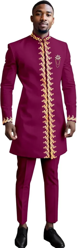 Men`s Suit Gold Embroidery Blazer and Pants Set Dashiki Jacket Traditional African Clothes with Chain