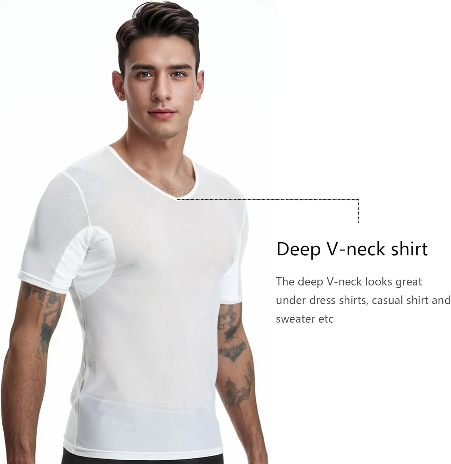 Mesh Sweatproof Undershirt, Men's T-Shirt with Underarm Sweat Pads, Quick-Dry Short Sleeve, V Neck