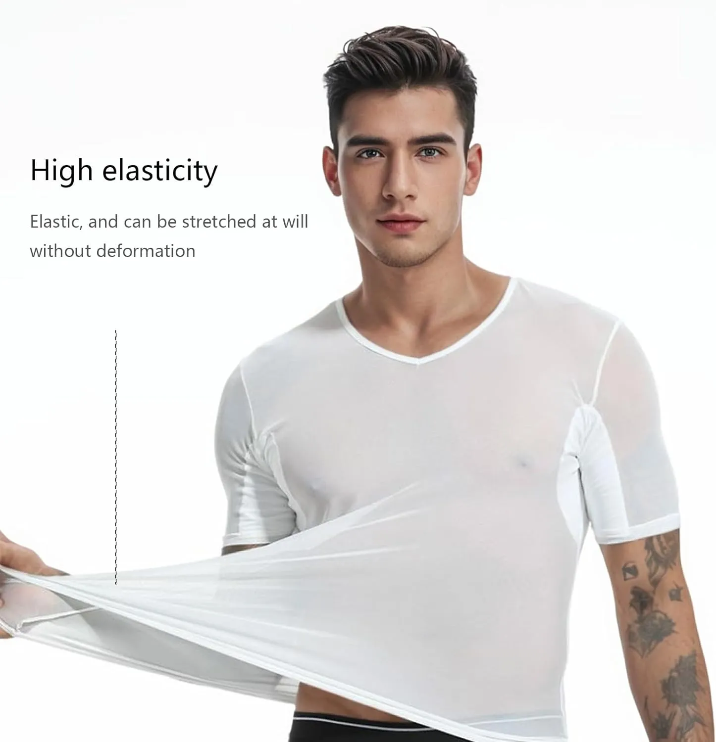 Mesh Sweatproof Undershirt, Men's T-Shirt with Underarm Sweat Pads, Quick-Dry Short Sleeve, V Neck
