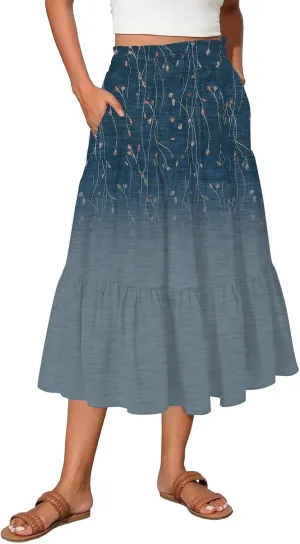 Midi Skirts for Women Elastic High Waist A Line Skirt Summer Ruched Tiered Ruffle Boho Beach Skirts with Pocket