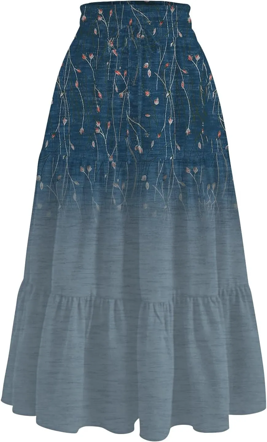 Midi Skirts for Women Elastic High Waist A Line Skirt Summer Ruched Tiered Ruffle Boho Beach Skirts with Pocket