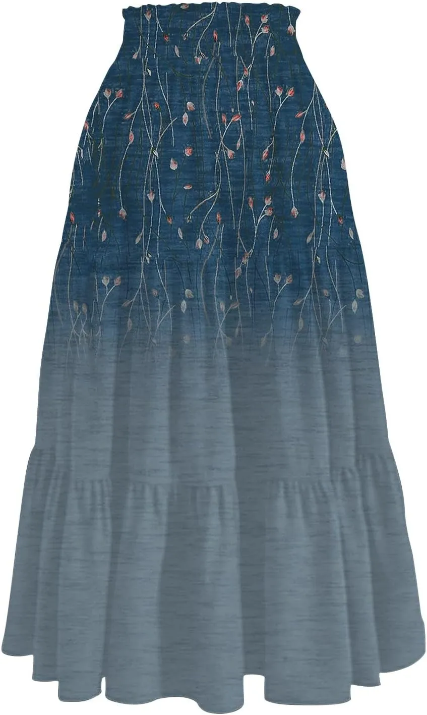 Midi Skirts for Women Elastic High Waist A Line Skirt Summer Ruched Tiered Ruffle Boho Beach Skirts with Pocket