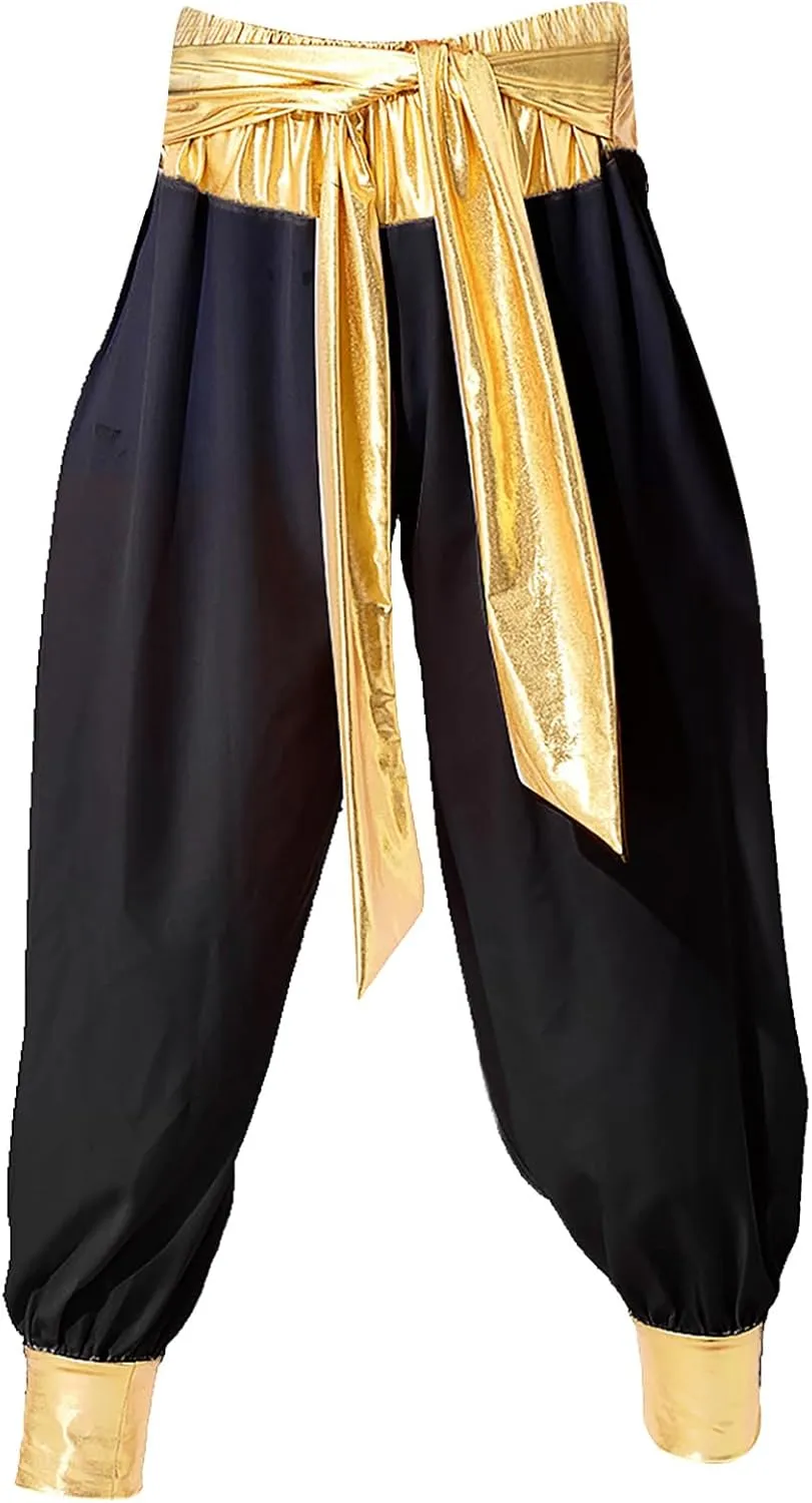 Moily Men's Arabian Prince Costume Set Satin Sleeveless Vest Waistcoat with Hippie Harem Pants